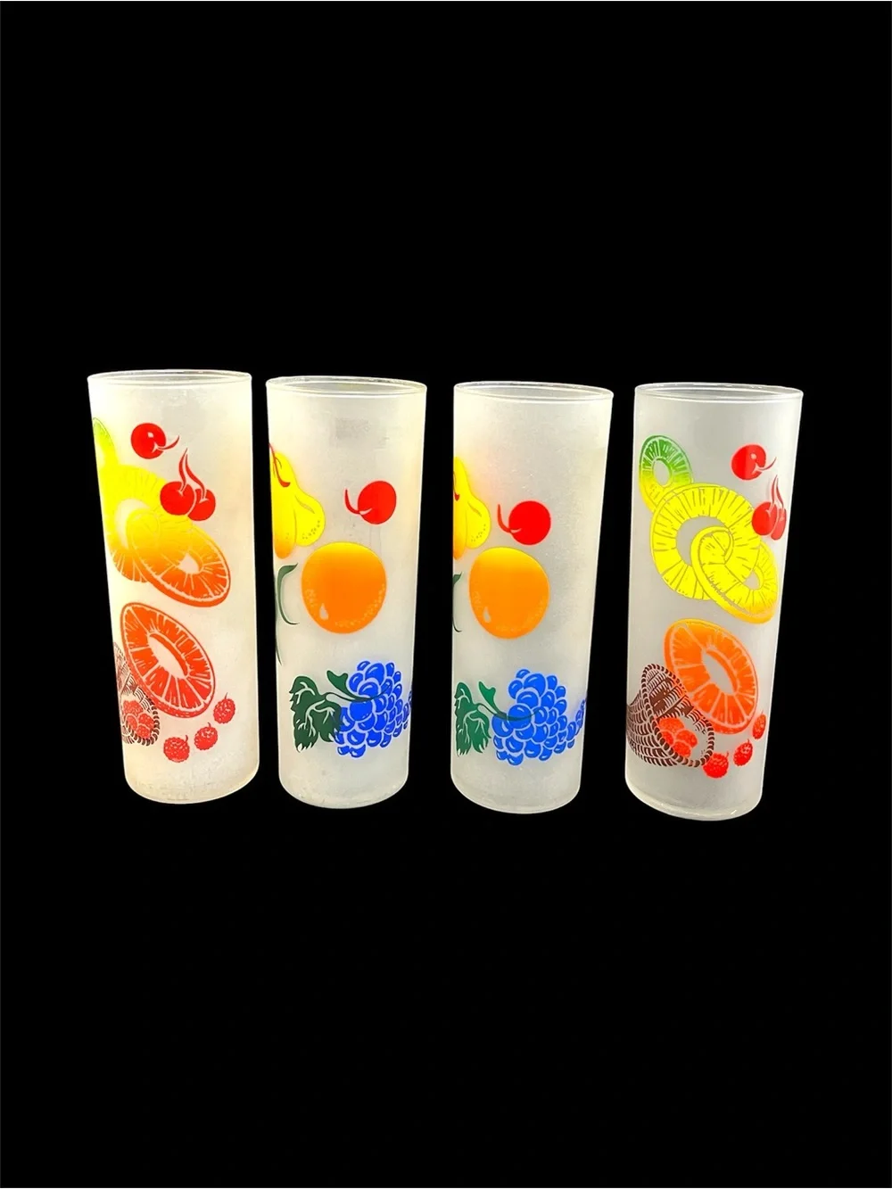 Vintage Federal Glass Collins Glasses Set of 4 Colorful Fruit Frosted Tumbler